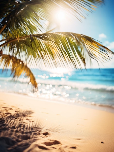 Tropikalna letnia piaszczysta plaża i światło słoneczne bokeh na tle morza Generative AI