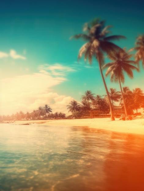 Tropikalna letnia piaszczysta plaża i światło słoneczne bokeh na tle morza