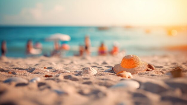 Tropikalna letnia piaszczysta plaża i światło słoneczne bokeh na tle morza