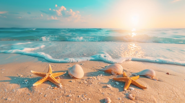 Zdjęcie tropikalna letnia piaszczysta plaża z muszelkami i gwiazdkami morskimi na pięknej tropikalnej plaży i morzu