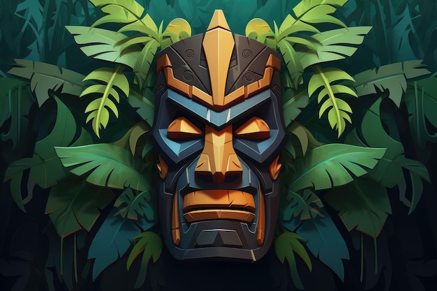 Tropikalna maska tiki, mistyczny symbol enigmatycznego zaginionego plemienia w dżungli Generative Ai