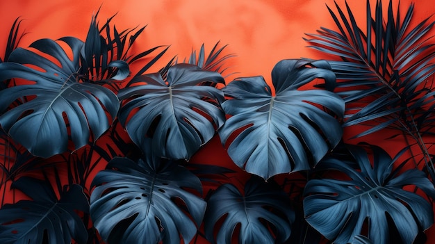 Tropikalna monstera i liście palmowe z żywym pomarańczowym tłem