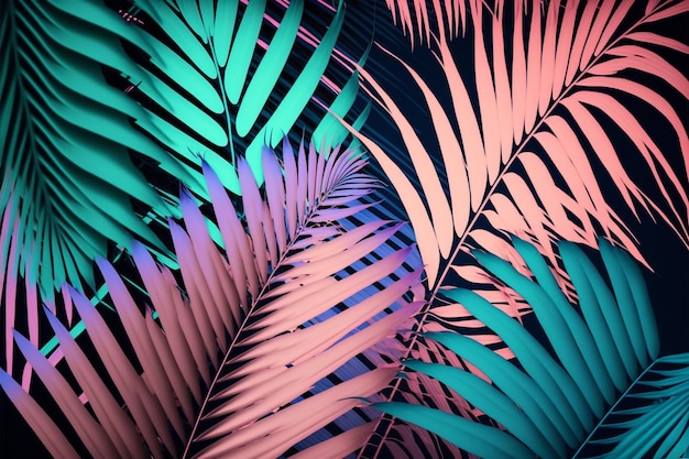 Tropikalna neonowa opalizująca zielona palma pozostawia kwiecistą deseniową tło ilustrację
