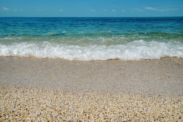 Tropikalna piaszczysta plaża z falami morskimi i kamieniami.