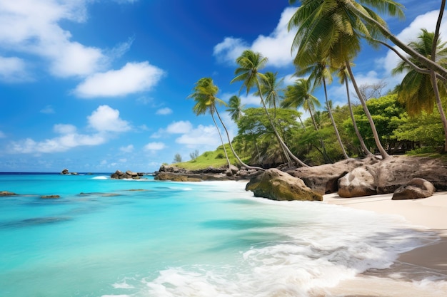 Tropikalna plaża na Seszelach Praslin Piękna tropikalna wyspa Barbados Widok na złotą plażę z palmami i krystalicznie czystą wodą