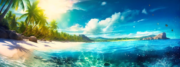 Tropikalna plaża pod niebieskim niebem z białą wodą i palmami