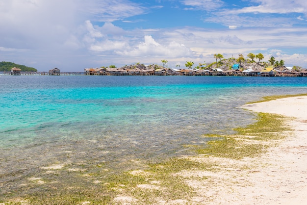 Tropikalna plaża, turkusowa przejrzysta woda w odległych Togean wyspach, Sulawesi, Indonezja.