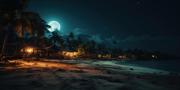 Tropikalna plaża w nocy z palmami i bungalowami Seascape Generative AI