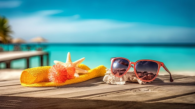 Tropikalna plaża z akcesoriami do opalania letnie wakacje w tle