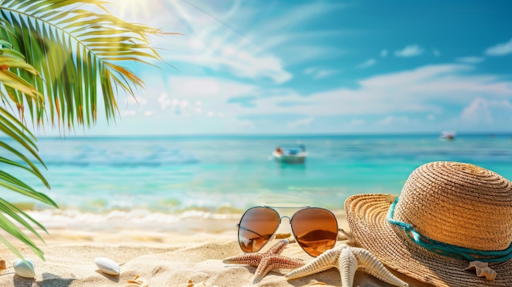 Zdjęcie tropikalna plaża z akcesoriami do opalania się w tle letnich wakacji