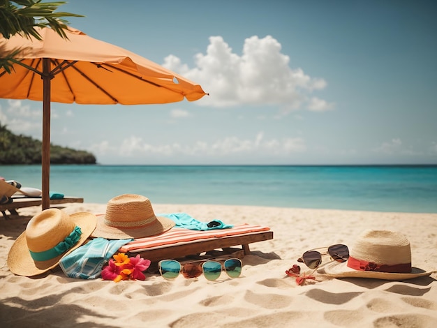 Tropikalna plaża z akcesoriami do opalania w tle wakacji letnich