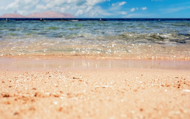 Zdjęcie tropikalna plaża z białym koralowym piaskiem. turkusowe morze i plaża koralowa. różowa plaża i fala powitalna. krystalicznie czysta woda oceaniczna w turkusowej zatoce. wakacje wakacje tło. kopiuj przestrzeń