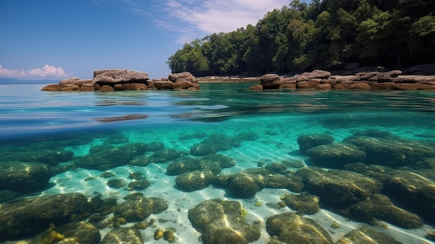 Tropikalna plaża z bujną zielenią drzew i rafami koralowymi Naturalny cud archipelagu Andamanów