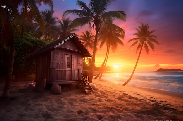 tropikalna plaża z chatą i palmami o zachodzie słońca