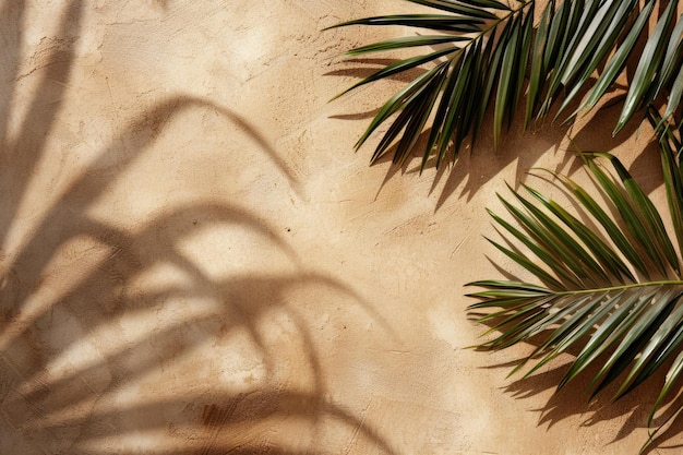 Tropikalna plaża z liśćmi palm na teksturowanym tle ściany