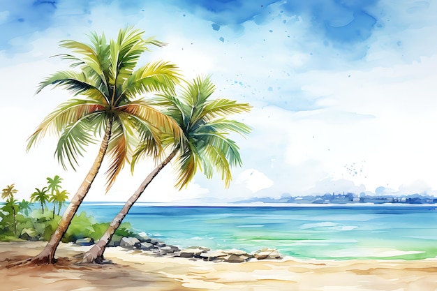 Tropikalna plaża z palmami Akwarel ręcznie narysowana ilustracja.