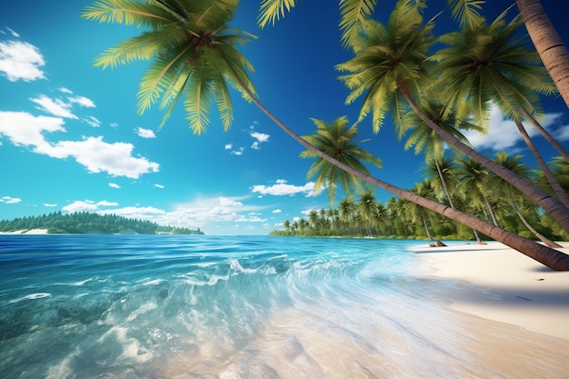 Tropikalna plaża z palmami i białym piaskiem pod niebieskim niebem Ai