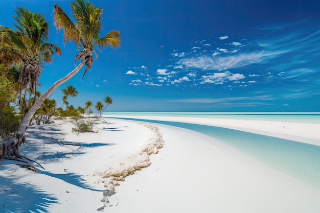 Tropikalna plaża z palmami i krystalicznie czystą wodą Generacyjna sztuczna inteligencja