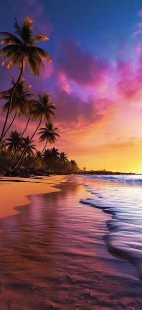 Tropikalna plaża z palmami i niebem o zachodzie słońca