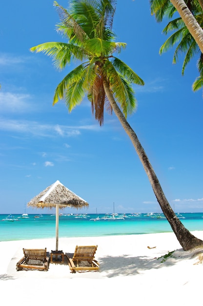 Tropikalna plaża z palmami kokosowymi i turkusowym morzem. Wyspa Boracay, Filipiny