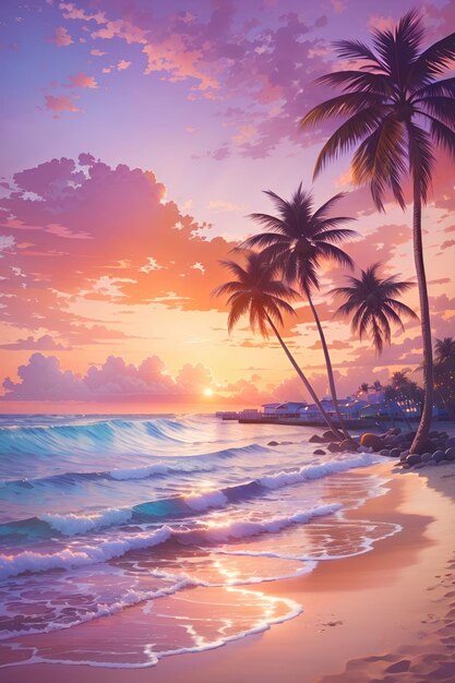Tropikalna plaża z palmami o zachodzie słońca Tło natury