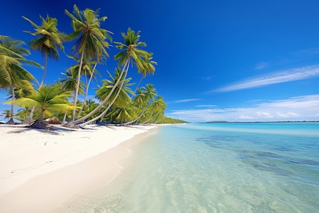 Tropikalna plaża z palmami, skałami i czystą wodą w stylu panoramy