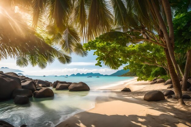 Tropikalna plaża z skałami i palmami na plaży