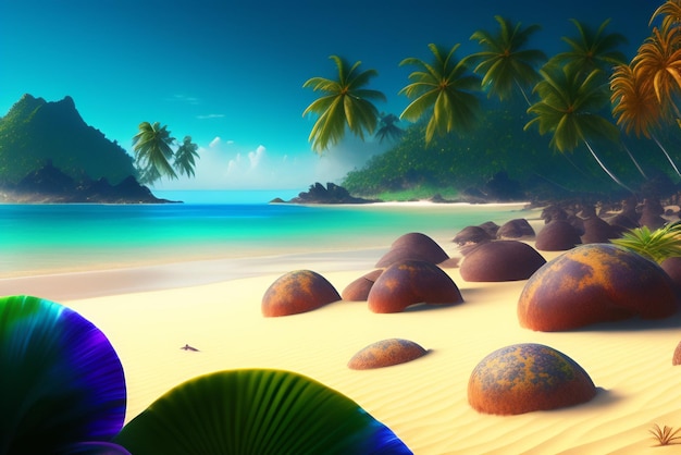Tropikalna plaża z tropikalną wyspą i palmami
