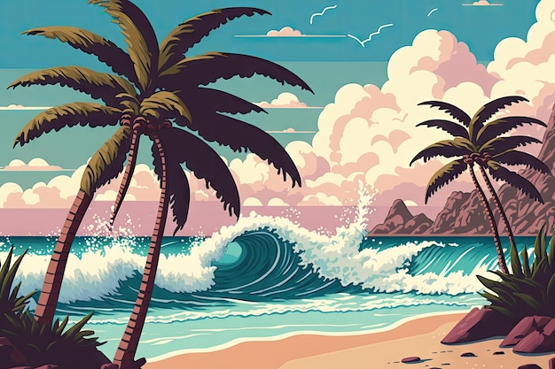 Tropikalna plaża z wysokimi falami i palmami w tle stworzona za pomocą generatywnej sztucznej inteligencji