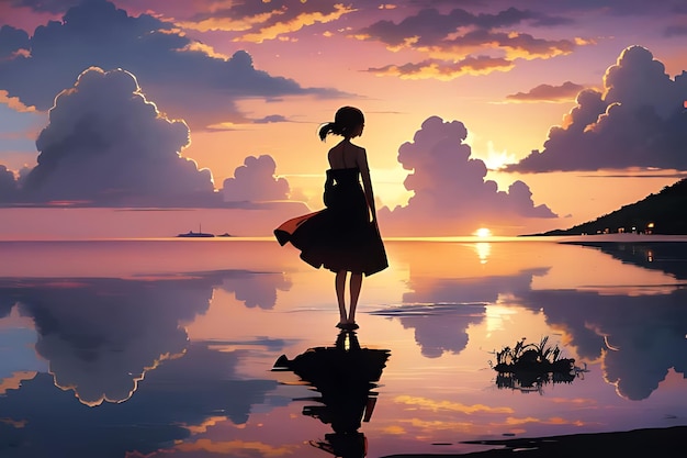 Zdjęcie tropikalna plaża, zachód słońca, anime