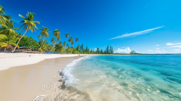 Tropikalna rajska plaża z białym piaskiem i krystalicznie czystą, błękitną wodą Piękne naturalne letnie wakacje wakacje w tle Podróż turystyczna szeroka panorama koncepcja tła AI Generative