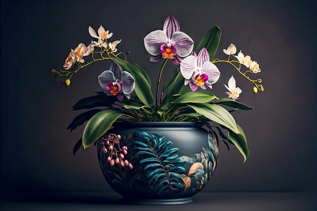 Tropikalna roślina w doniczce z kwiatami orchidei na ciemnym tle