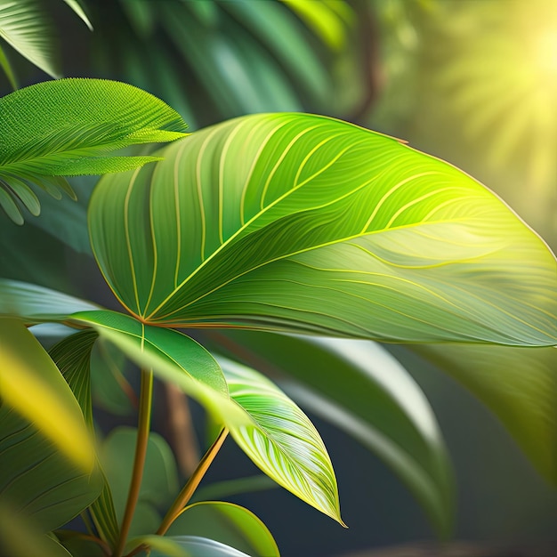 tropikalna roślina z zielonymi liśćmi i słońcem za nią.