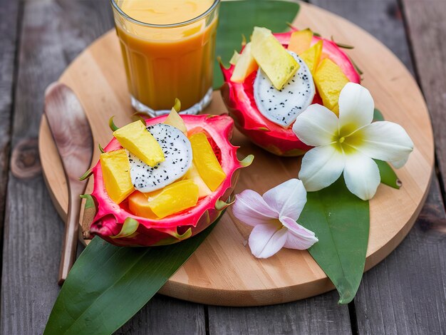 Zdjęcie tropikalna sałatka owocowa w miskach z owocami smoka pitahaya z szklanką soku mango i kwiatem na drewnianym tle