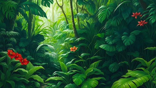 Tropikalna scena dżungli Zielone rośliny i liściasty tło Krajobraz AI Generative