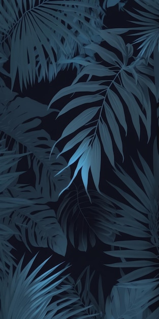 Tropikalna tapeta z liści palmowych na ciemnoniebieskim tle