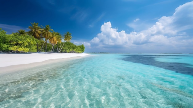 Tropikalna wyspa Malediwów z białą piaszczystą linią brzegową i palmami morskimi AI Generated