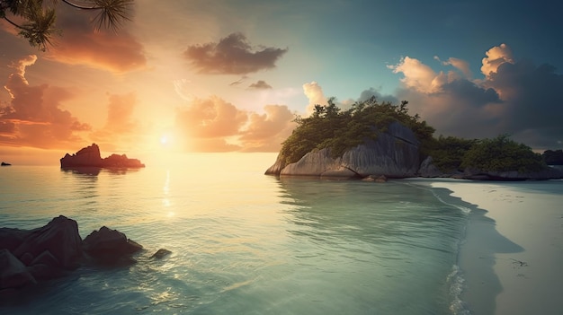 Tropikalna wyspa na oceanie z zachodem słońca w tle