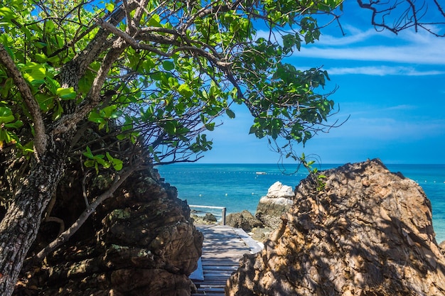 Tropikalna wyspa skała na plaży z niebieskim niebem Koh kham Pattaya Tajlandia