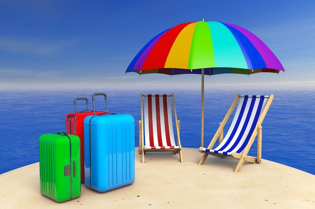 Tropikalna wyspa z leżakami, parasolem i ekstremalnym zbliżeniem walizki. Renderowanie 3D