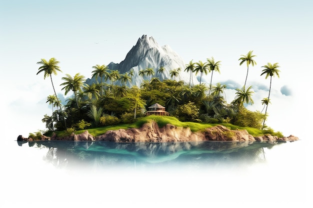 Tropikalna wyspa z palmami i górami 3D rendering