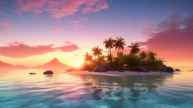 Tropikalna wyspa z palmami i górami w tle