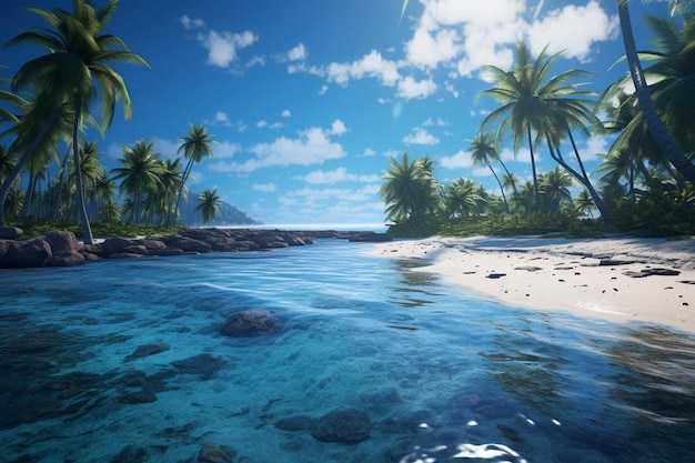 Tropikalna wyspa z palmami i plażą w tle.