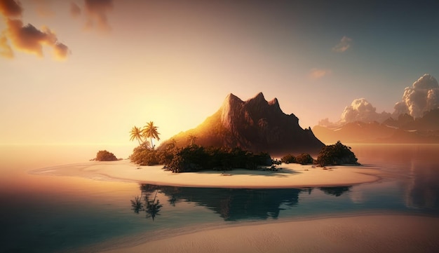 Tropikalna wyspa z zachodem słońca w tle