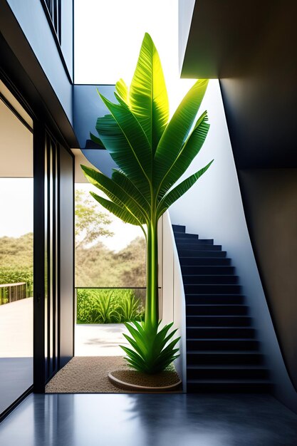 Tropikalne drzewo bananowe na nowoczesnej schodach w świetle słonecznym z okna czarnej kamiennej schody cementu