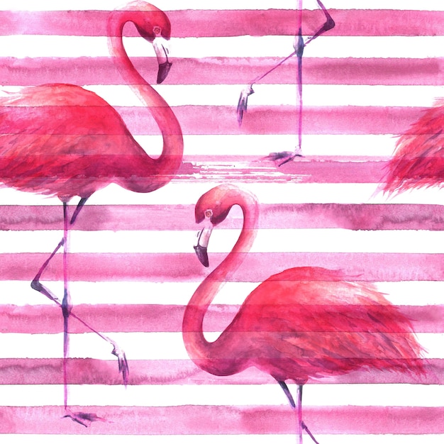 Zdjęcie tropikalne egzotyczne różowe flamingi na poziome paski różowe i białe tło. ilustracja akwarela. wzór do pakowania, tapet, tekstyliów, tkanin.