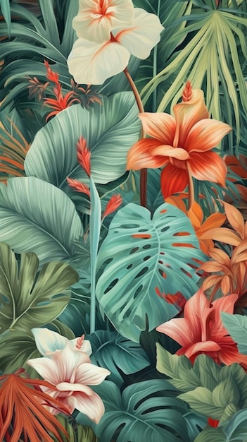 Tropikalne kwiaty i liście są malowane w kolorowej palecie generatywnej ai