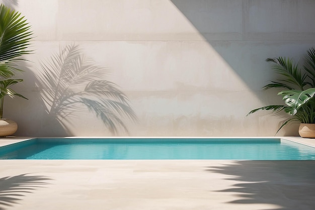 Tropikalne letnie tło z betonową ścianą basen woda i cień liści palm luksusowy hotel ośrodek zewnętrzny do umieszczania produktu na świeżym powietrzu wakacje dom wakacyjny scena neutralna architektura estetyczna