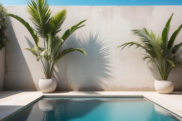 Tropikalne letnie tło z betonową ścianą basen woda i cień liści palm luksusowy hotel ośrodek zewnętrzny do umieszczania produktu na zewnątrz wakacje dom wakacyjny scena neutralna architektura estetyczna