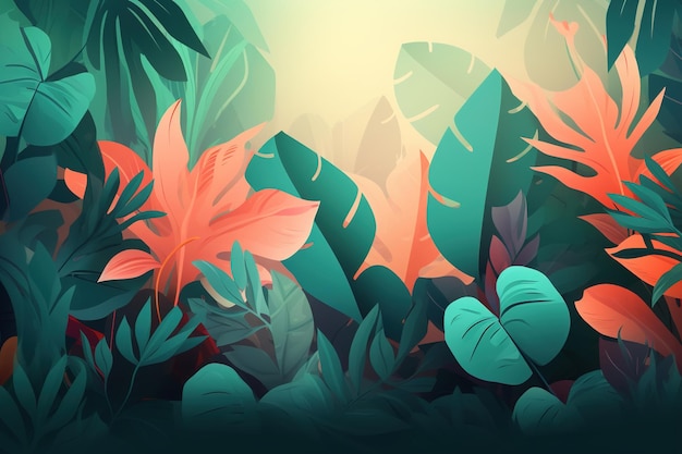 Tropikalne liście dżungli Eco płaska ilustracja Generative AI